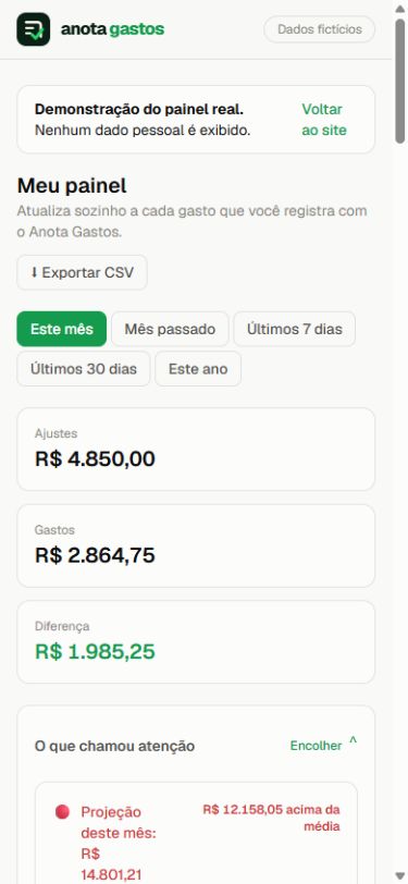 Painel demonstrativo do Anota Gastos em um celular